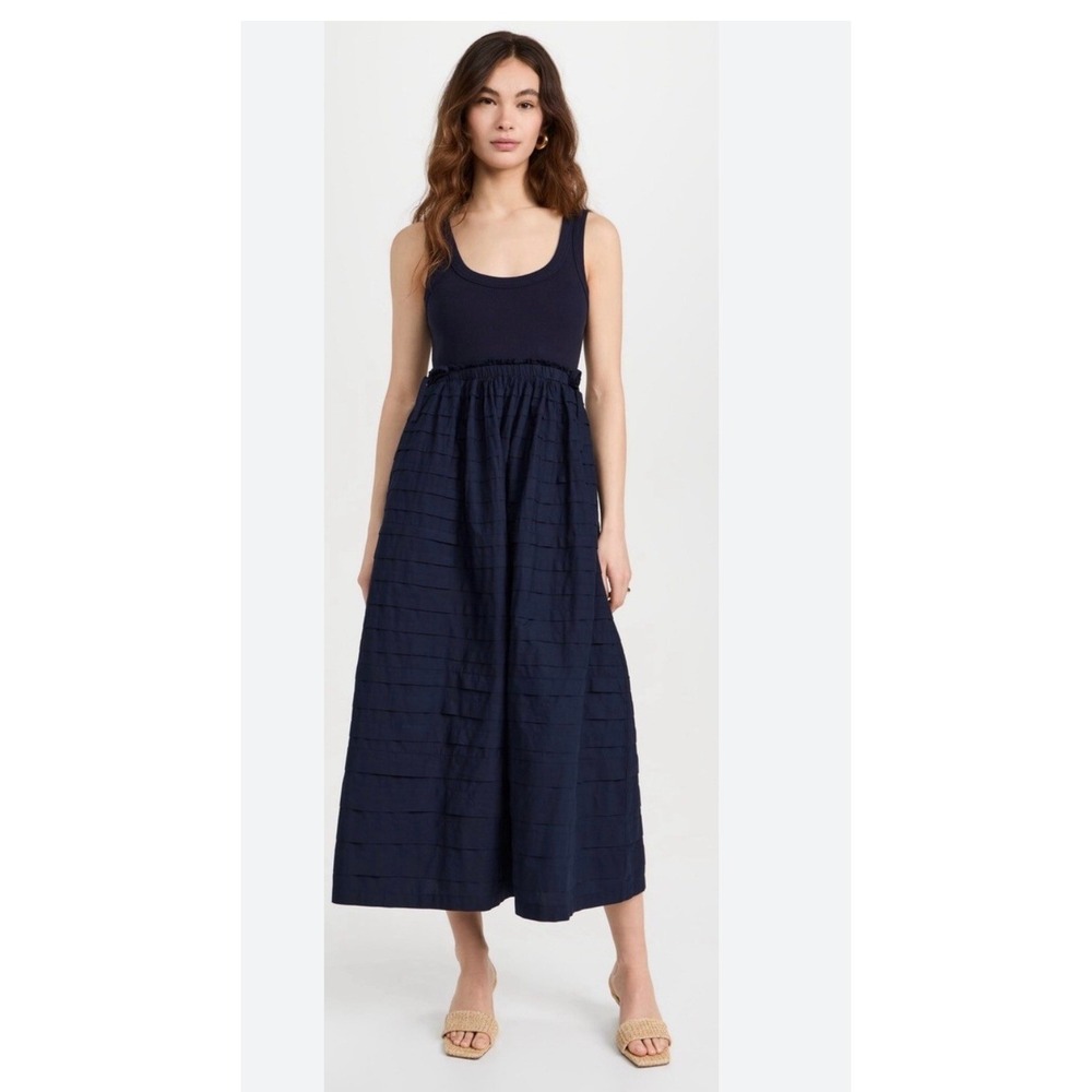 Cinq a Sept Akira Navy Ribbed Knit Poplin Midi Dress Blue CINQA31517 L